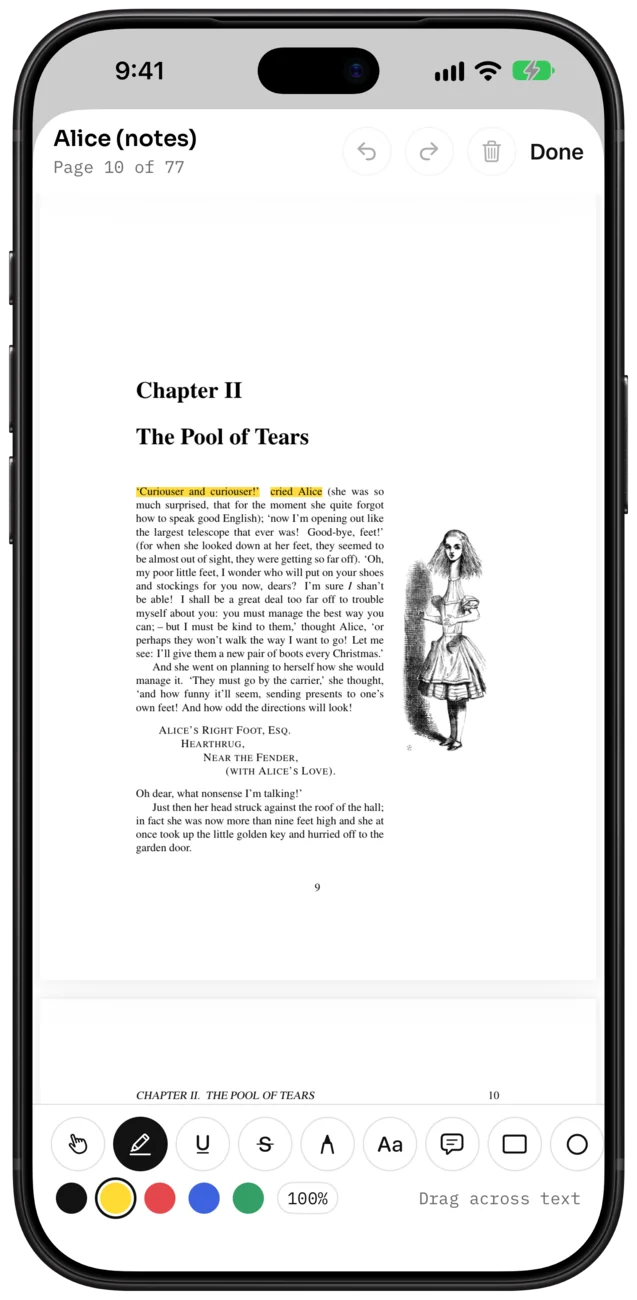 Alice’s Adventures in Wonderland highlighted on an iPhone, the mark-up palette below